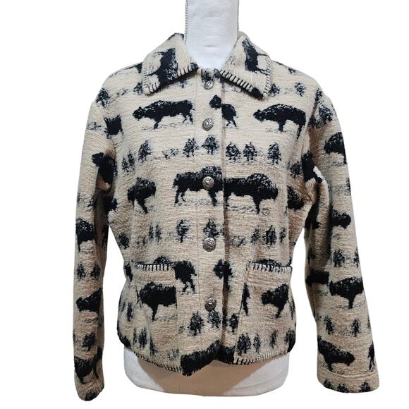 Barn Fly Collection Bison Print Western Knit Jacket SIze M - Picture 7 of 7